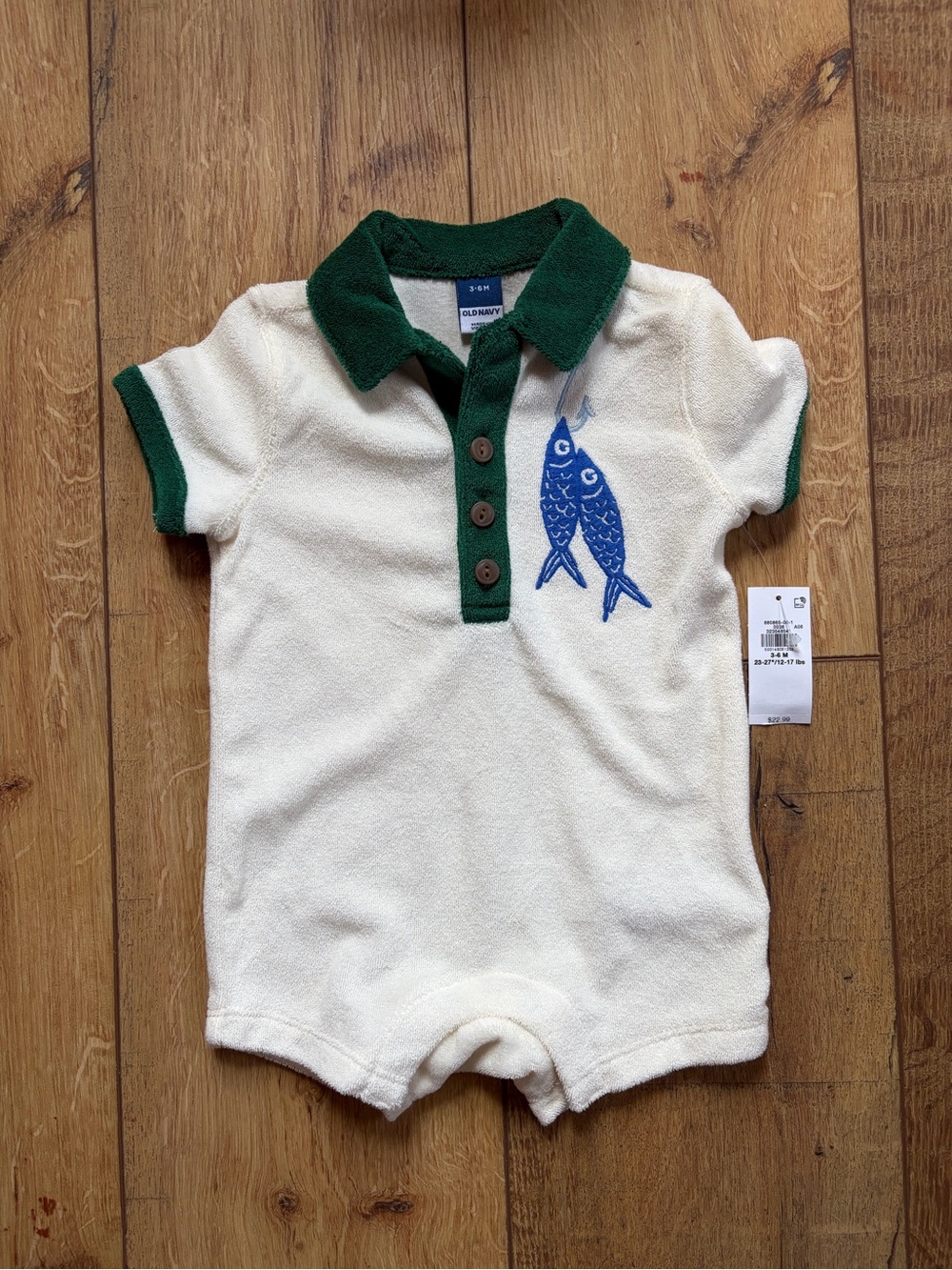 Old Navy Cream & Green Baby Terry Polo Romper with Blue Fish